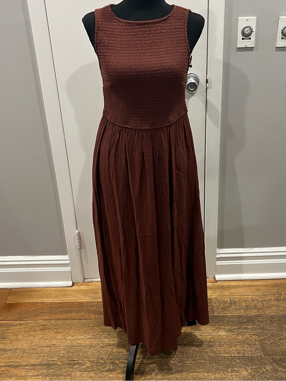 Japna Sleeveless Brown Maxi Dress with Smocked Bodice
